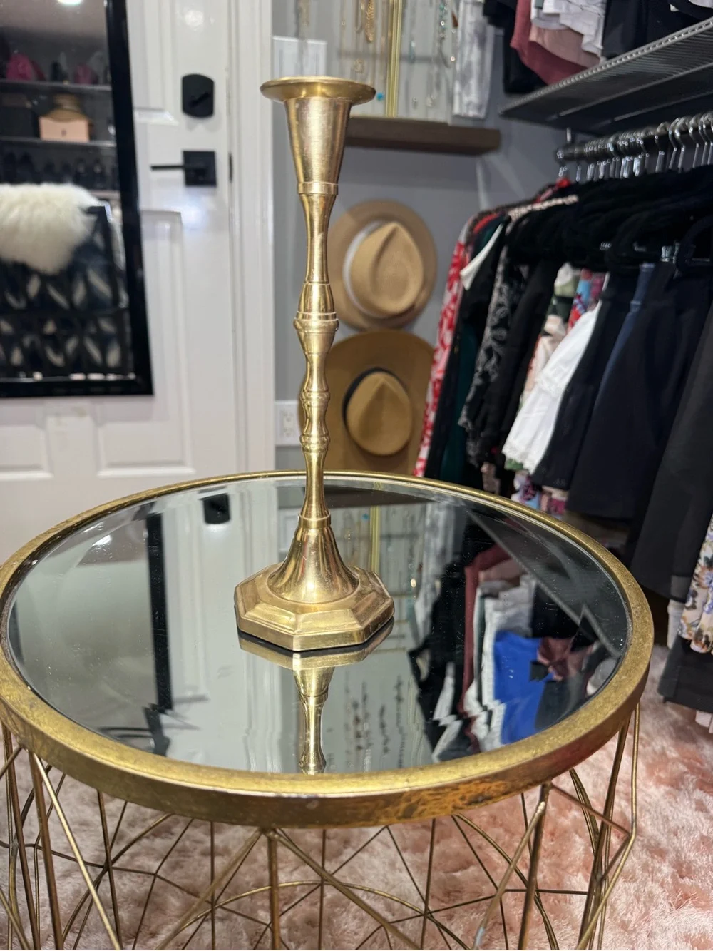Brass Taper Candle Holder with Mirror Top - Gold